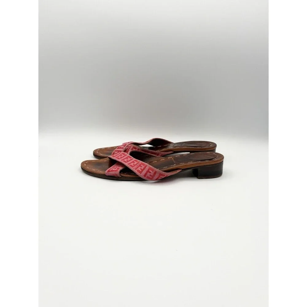Fendi Brown Leather Sandals w/ Pink FF Logo Zucca Print Strap Vintage Size EU 37